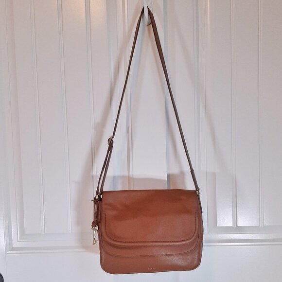 Fossil Peyton Double Flap Crossbody Bag Tan Brown Leather - Picture 2 of 16